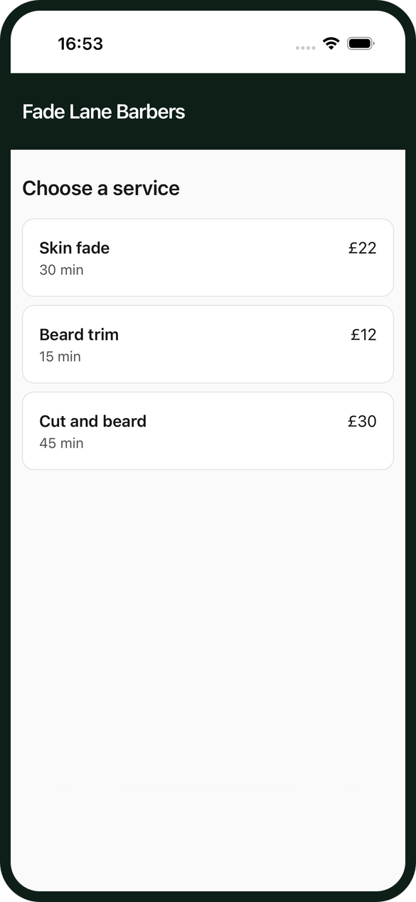 A barber's own booking page listing Skin fade at £22, Beard trim at £12 and Cut and beard at £30