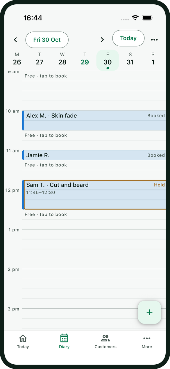 Hopaby diary on a phone with a Skin fade at 10:00, a Beard trim at 11:00 and a Cut and beard at 11:45 still held for its deposit