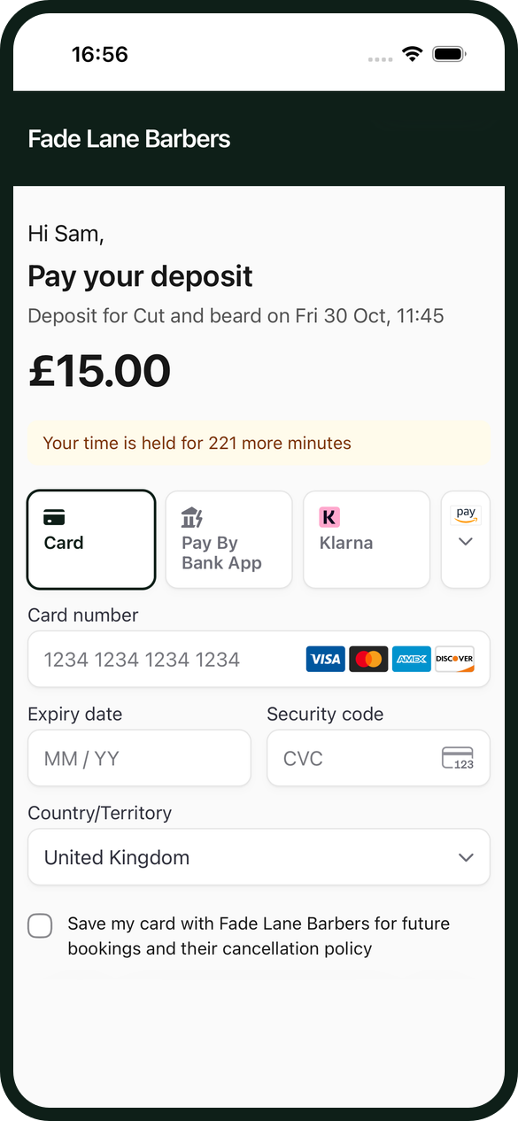 The pay link a client gets by text for a £15 deposit on a cut and beard, with the shop's name at the top
