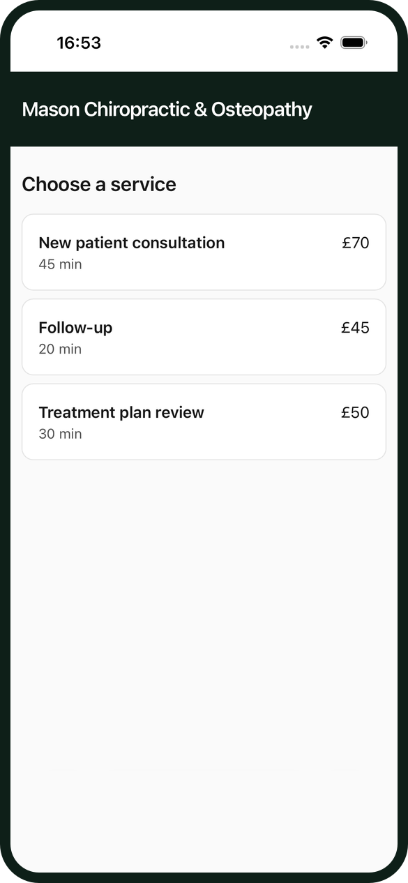 A clinic's booking page listing New patient consultation at £70, Follow-up at £45 and Treatment plan review at £50