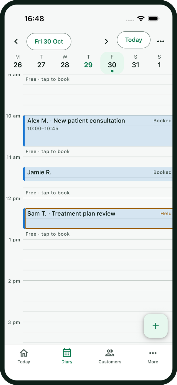 Hopaby diary on a phone with a New patient consultation at 10:00, a Follow-up at 11:15 and a Treatment plan review at 12:15 still held for its deposit