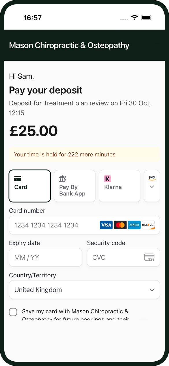 The pay link a patient gets by text for a £25 deposit on a treatment plan review, with the clinic's name at the top