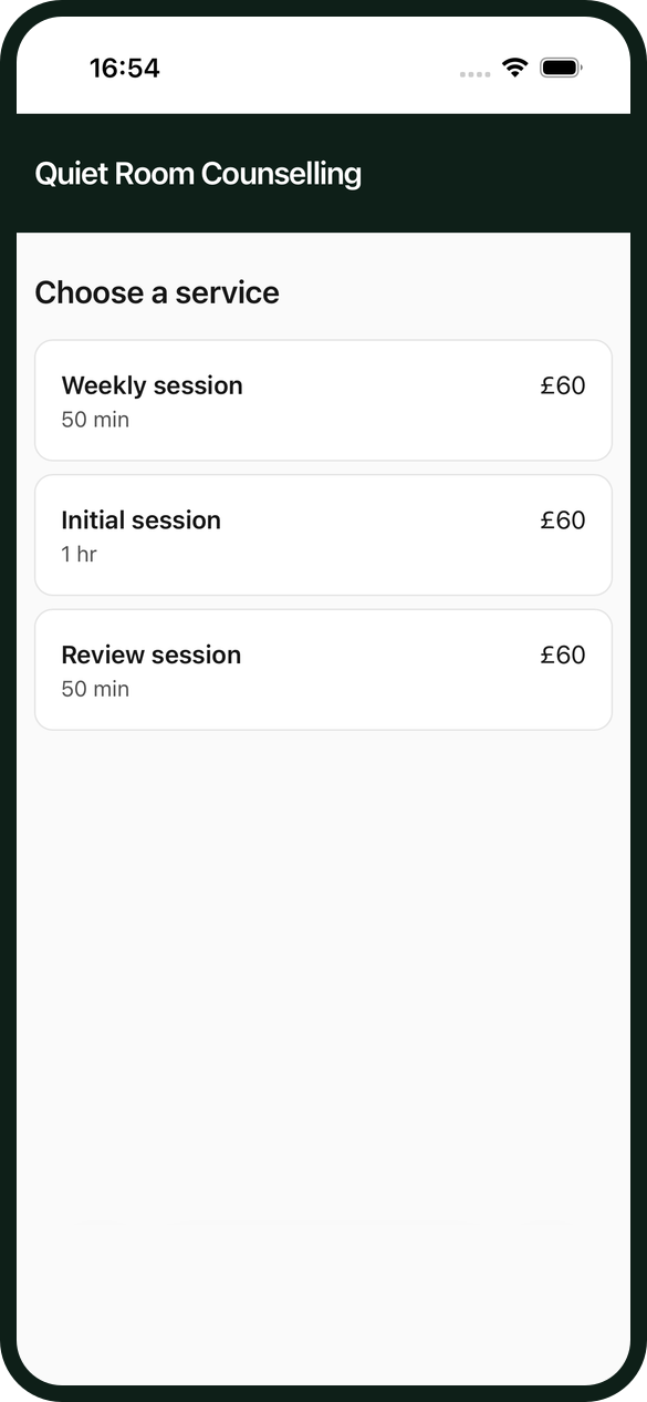 A counsellor's booking page listing Weekly session, Initial session and Review session at £60 each