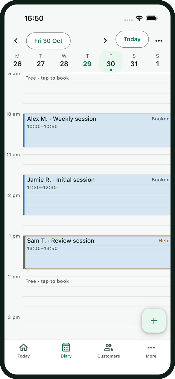 Hopaby diary on a phone with a Weekly session at 10:00, an Initial session at 11:30 and a Review session at 13:00 still held for its deposit