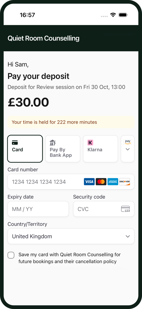 The pay link a client gets by text for a £30 deposit on a review session, with the practice's name at the top