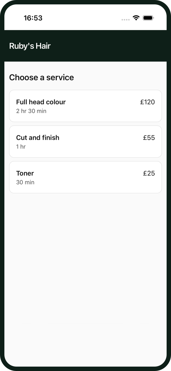A salon's own booking page listing Full head colour at £120, Cut and finish at £55 and Toner at £25