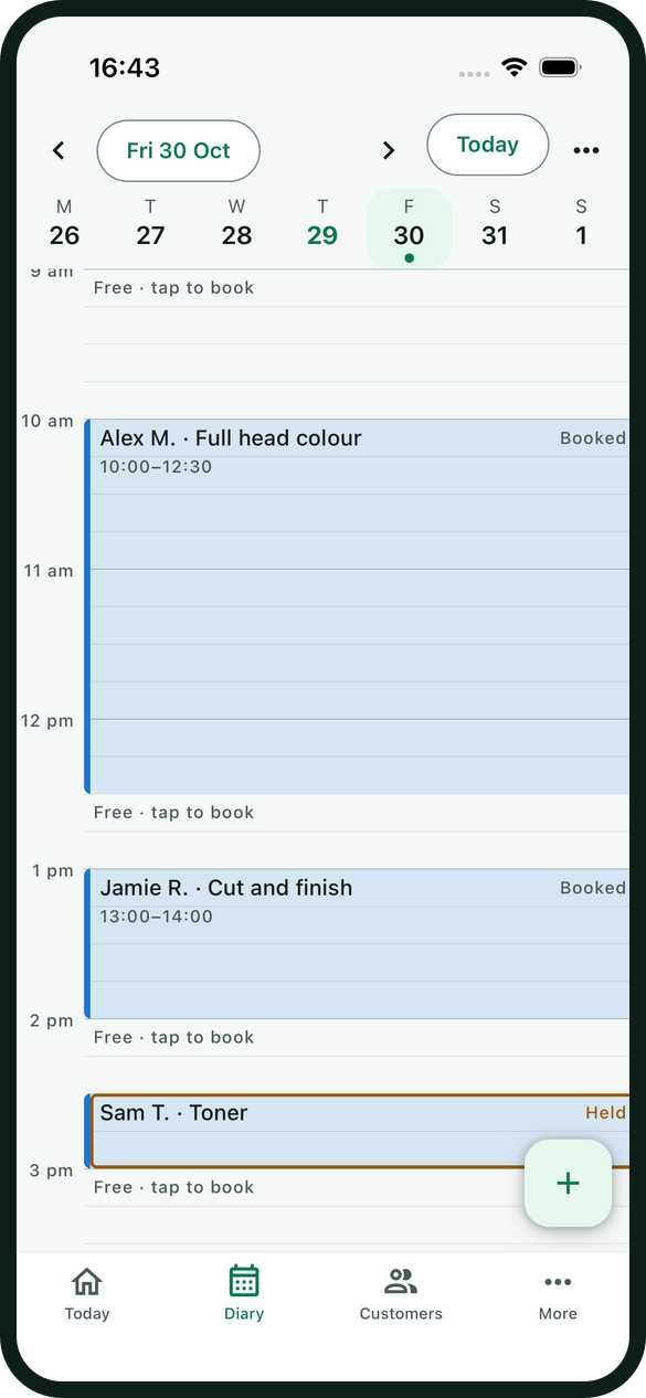 Hopaby diary on a phone with a Full head colour from 10:00 to 12:30, a Cut and finish at 13:00 and a Toner at 14:30 still held for its deposit