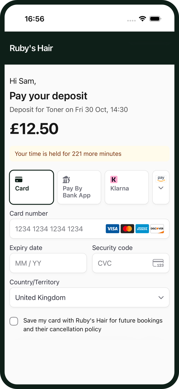 The pay link a client gets by text for a £12.50 toner deposit, with the salon's name at the top