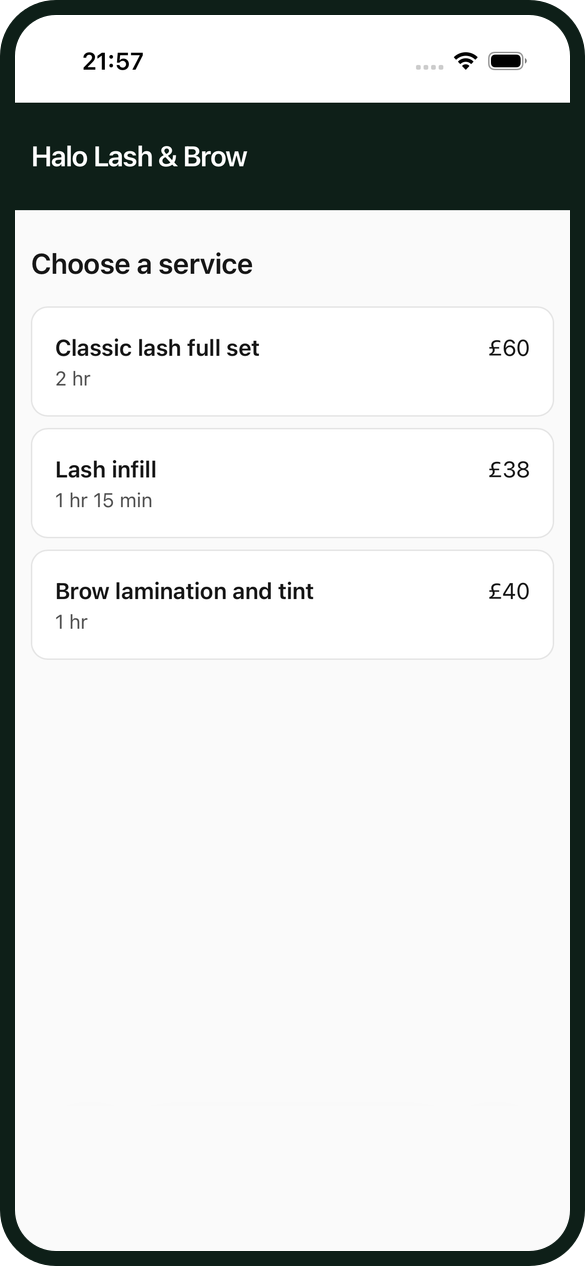 A lash and brow studio's booking page listing a Classic lash full set at £60, a Lash infill at £38 and Brow lamination and tint at £40