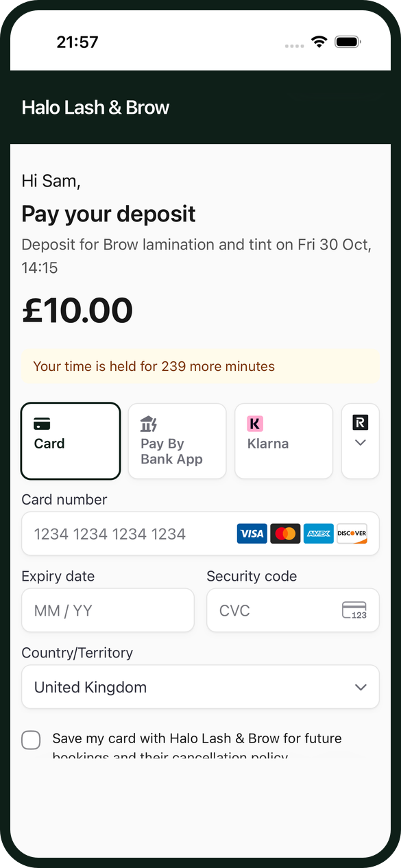 The pay link a client gets by text for a £10 deposit on a brow lamination and tint, with the studio's name at the top