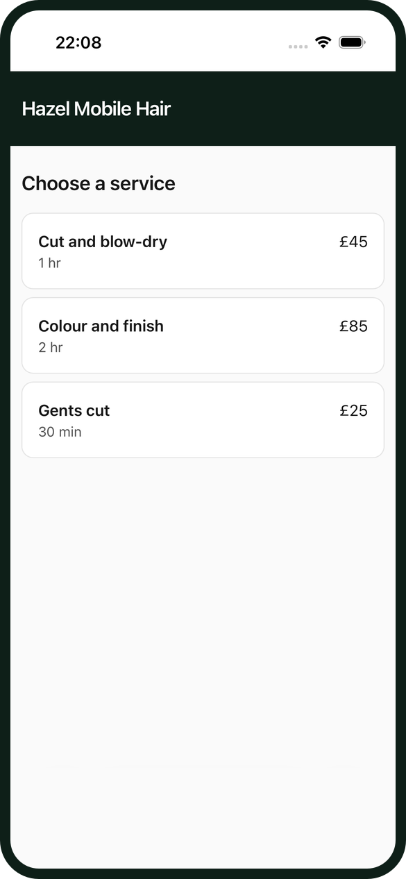 A mobile hairdresser's booking page listing a Cut and blow-dry at £45, Colour and finish at £85 and a Gents cut at £25