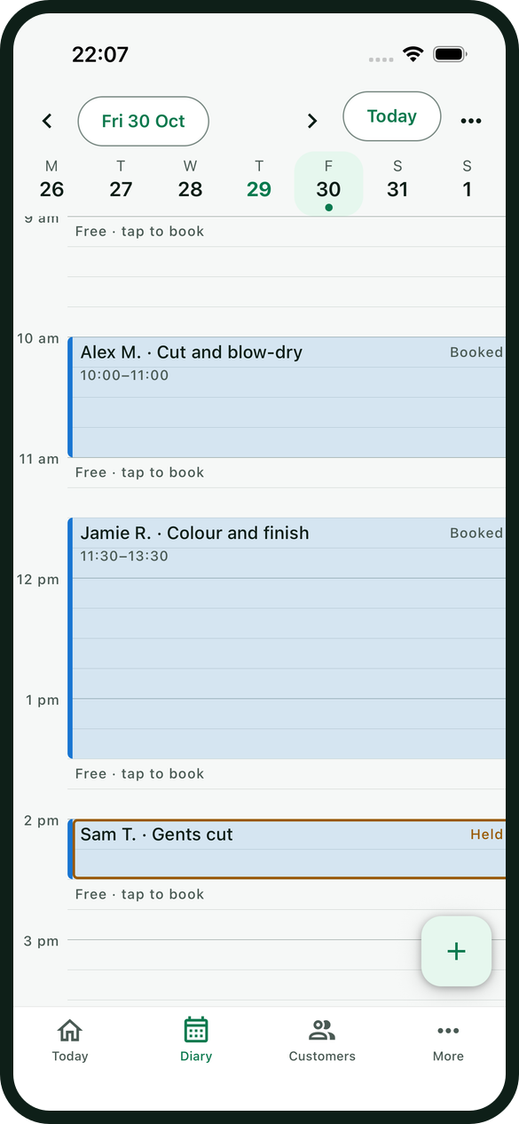 Hopaby diary on a phone with a Cut and blow-dry at 10:00, a Colour and finish from 11:30 to 13:30 and a Gents cut at 14:00 still held for its deposit