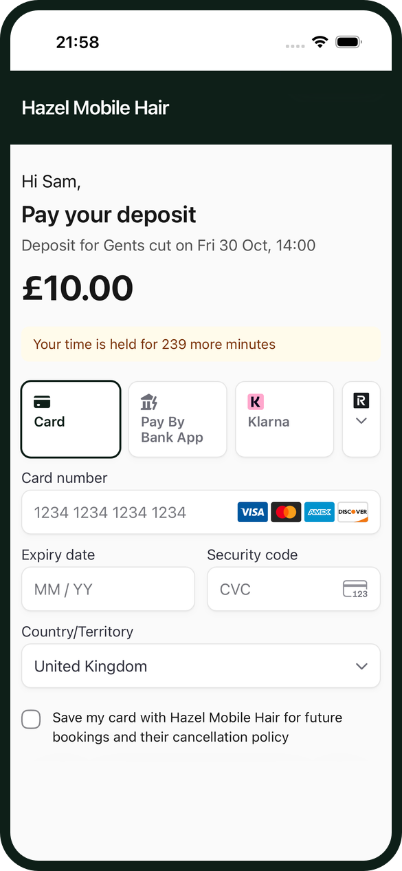 The pay link a client gets by text for a £10 deposit on a gents cut, with the hairdresser's name at the top