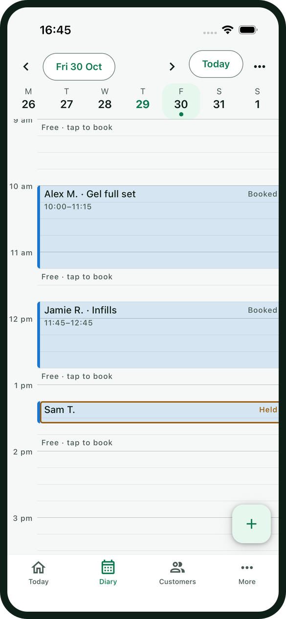 Hopaby diary on a phone with a Gel full set at 10:00, Infills at 11:45 and a Removal at 13:15 still held for its deposit