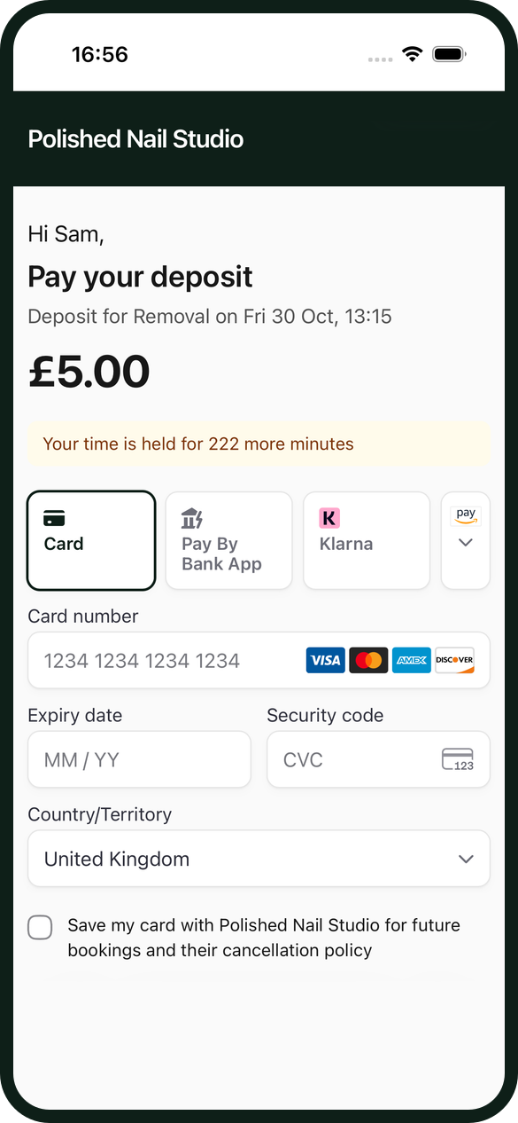 The pay link a client gets by text for a £5 deposit on a removal, with the studio's name at the top