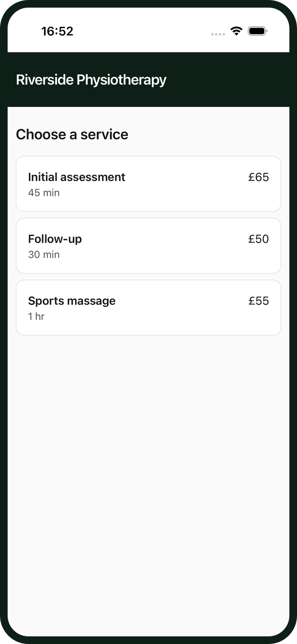 A physio clinic's booking page listing Initial assessment at £65, Follow-up at £50 and Sports massage at £55