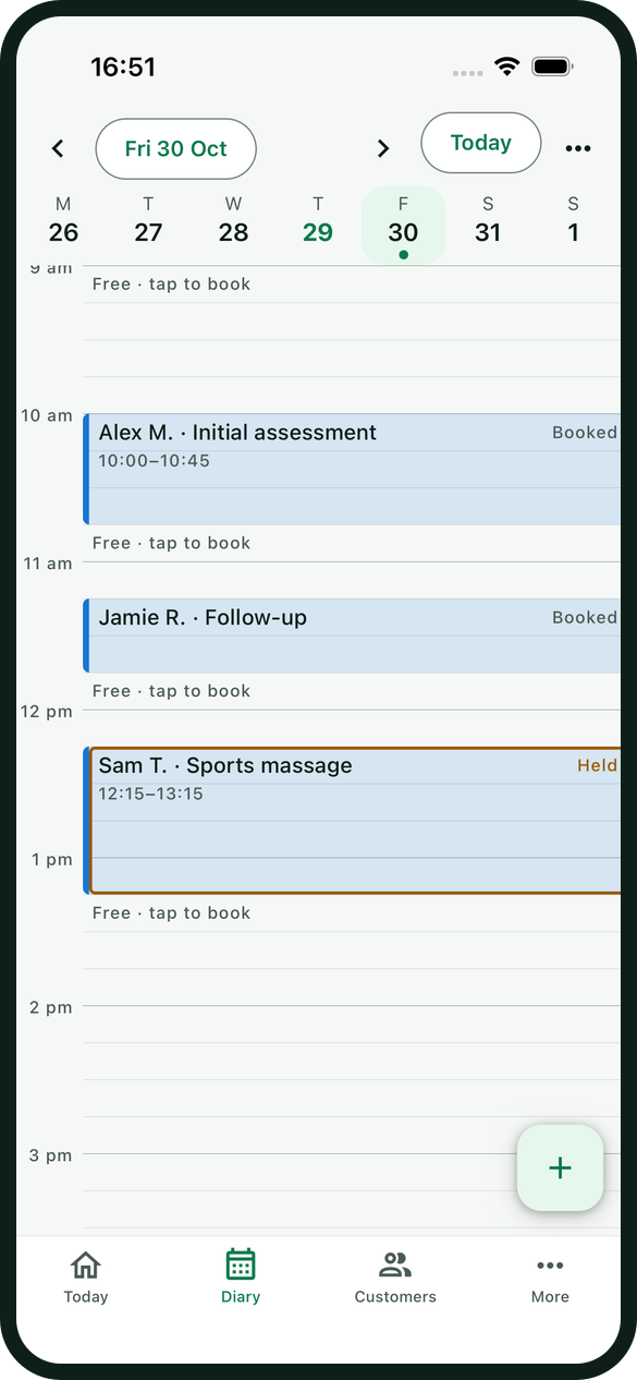 Hopaby diary on a phone with an Initial assessment at 10:00, a Follow-up at 11:15 and a Sports massage at 12:15 still held for its deposit