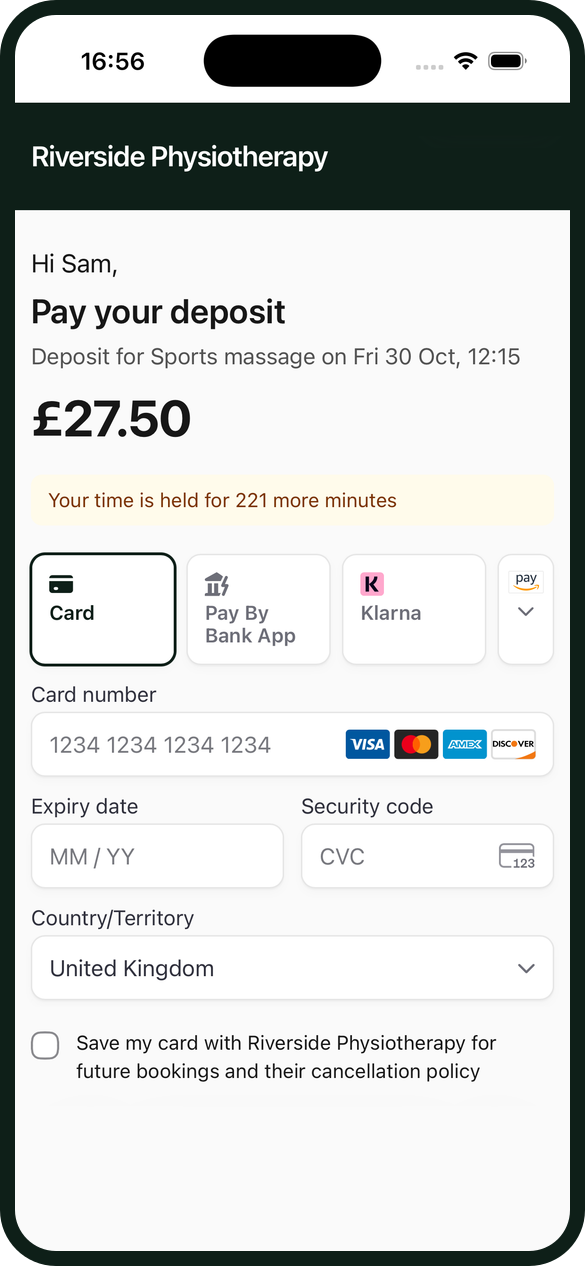 The pay link a patient gets by text for a £27.50 deposit on a sports massage, with the clinic's name at the top