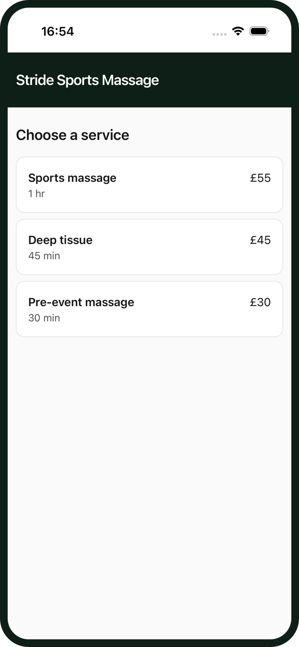A therapist's booking page listing Sports massage at £55, Deep tissue at £45 and Pre-event massage at £30