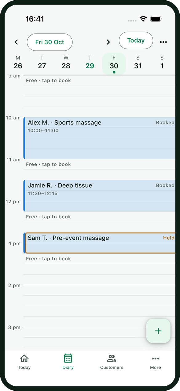 Hopaby diary on a phone with a Sports massage at 10:00, a Deep tissue at 11:30 and a Pre-event massage at 12:45 still held for its deposit