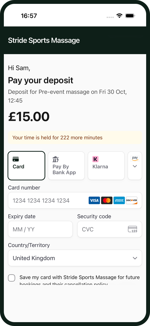 The pay link a client gets by text for a £15 deposit on a pre-event massage, with the therapist's name at the top